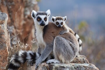 Ringtailed lemur with baby on its back