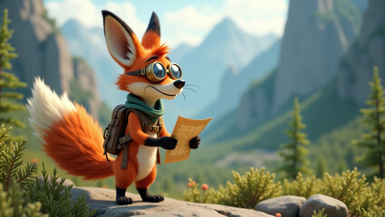 A highly detailed 3D cartoon fox character wearing vintage goggles and a green scarf, exploring a lush mountain landscape with a map in hand. The fox exudes curiosity and charm, rendered in a vibrant,