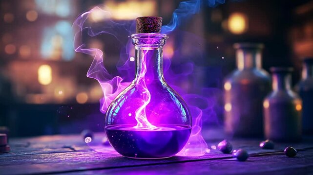 Mysterious purple potion in a glass flask with swirling smoke