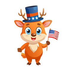 Fototapeta premium Cute cartoon deer wearing a patriotic hat and holding an american flag