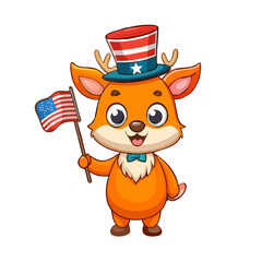 Fototapeta premium Cute cartoon deer wearing an uncle sam hat and holding an american flag