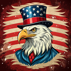 Majestic bald eagle wearing uncle sam hat and suit against american flag background