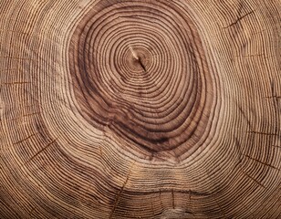 Naklejka premium A detailed close-up of a tree trunk cross-section reveals its intricate annual growth rings and natural cracks, showcasing a beautiful wood grain texture.