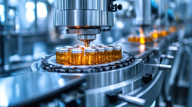 A machine in a factory, processing bottles of yellow liquid. The industrial concept of manufacturing and production is emphasized.