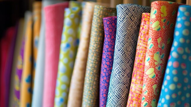 A colorful array of fabric rolls with a variety of patterns and textures.
