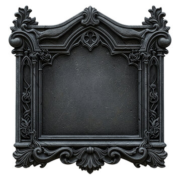 ornate dark stone sign antique frame blank plaque gothic style isolated on white 
