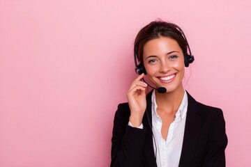 Smiling woman wearing a headset and a business suit against a pink backdrop