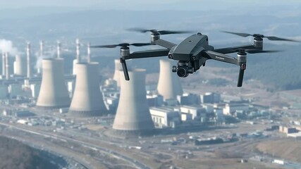 US drone in loiter mode above a heavily guarded power station, distant heat signatures of cooling towers and vehicle movement captured below