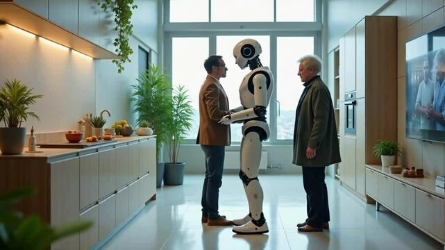 Robot and Humans Collaboration: A futuristic scene shows a robot interacting with two humans, set within a modern home. The image conveys themes of technology, partnership.
