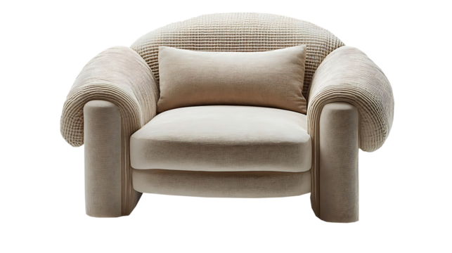 Comfortable brown leather armchair ,Ottomans Poly & Bark 3D Models for Interior, Royal Stranger Embrace Modern Armchair, Isolated on white background, clipping path included, transparent png.