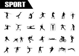 Naklejka premium Sport and athlete black silhouette icons. sport games collection.