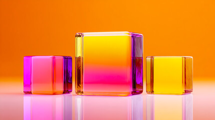 3D rendering of three cubes of different sizes made from transparent glass, with a gradient color between pink and yellow on the surface