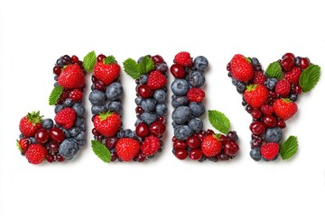 The word JULY is spelled out with blueberries strawberries raspberries and cherries against a white background