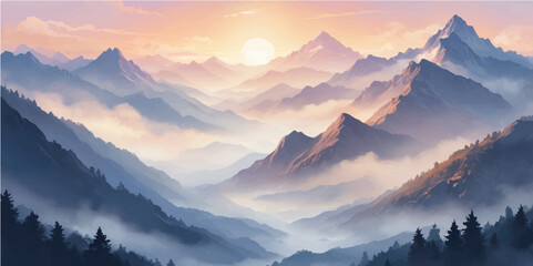 Golden sunrise and fiery sunset paint the snow-capped mountain peaks, creating a breathtaking alpine landscape panorama under a vast sky © nur