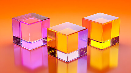 3D rendering of three cubes of different sizes made from transparent glass, with a gradient color between pink and yellow on the surface