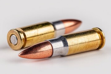 Two bullets rest on a plain surface