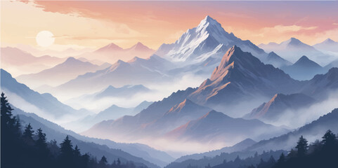 Winter mountain landscape at sunrise and sunset with snowy peaks, cloudy sky, and panoramic views