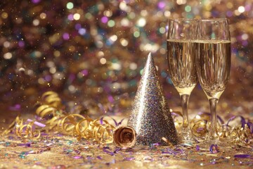 Two champagne glasses sit near a glittery party hat amid gold and purple confetti set against a bokeh background