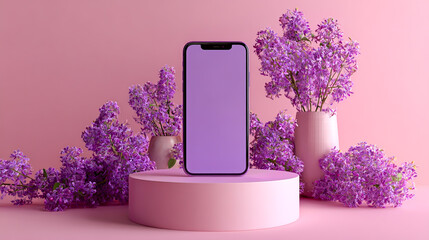 3D smartphone mockup, lilac-colored podium with purple flowers on a pink background