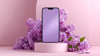 3D smartphone mockup, lilac-colored podium with purple flowers on a pink background