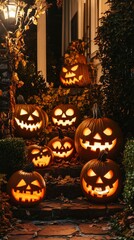 Obraz premium Spooky Halloween Jack-o'-lanterns on a Residential Steps at Night