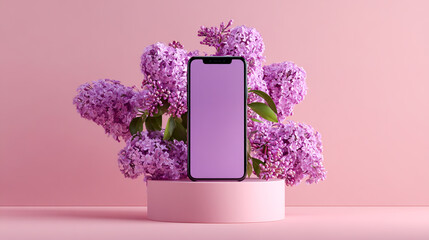 3D smartphone mockup, lilac-colored podium with purple flowers on a pink background