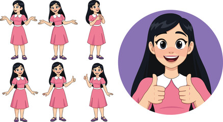 Cartoon girl character in pink dress, different expressions, happy face, vector illustration, flat design, kids animation, female avatar, emotional poses, character set