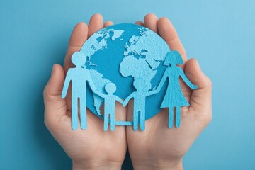 Two hands cradle a blue papercut family of 5 and a globe against a blue background