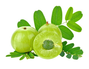 Vibrant Green Amla Fruits and Leafy Sprigs Isolated on Transparent Background Displaying Natural Details