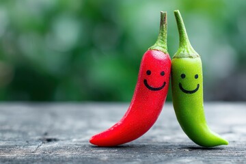 Two peppers one red and one green stand sidebyside each with a smiley face on a weathered wooden surface against a blurred green backdrop