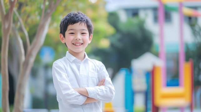 A young boy standing outdoors with his arms crossed, wearing a white shirt. - Powered by Adobe