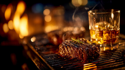 A close-up of a grill with flames and two glasses on it, a meat steak, and a glass of whiskey against a white background
