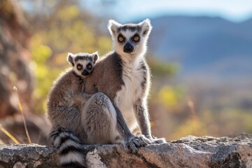 Two lemurs one adult and one baby sitting together on a rock