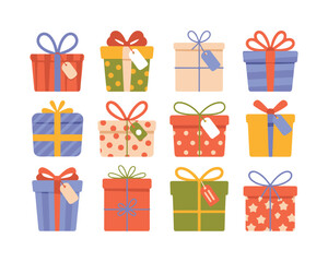 Assorted Gift Boxes with Colorful Ribbons and Tags, Festive Holiday Presents