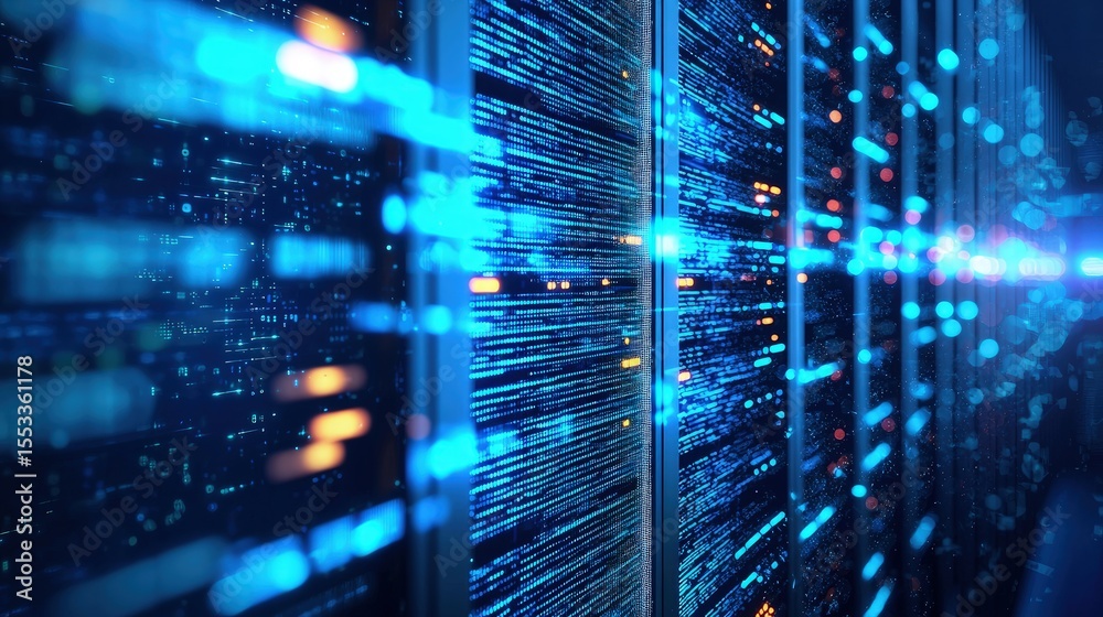 Aufkleber Futuristic digital server racks with glowing blue data streams and motion blur effect, ideal for high-speed technology, cloud computing, AI, and data transmission concepts