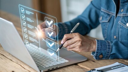 Person checking off items on a digital checklist projected from a laptop