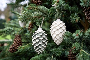 Two pinecone ornaments hang amidst evergreen branches adorned with real pinecones