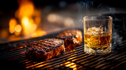 A close-up of a grill with flames and two glasses on it, a meat steak, and a glass of whiskey against a white background