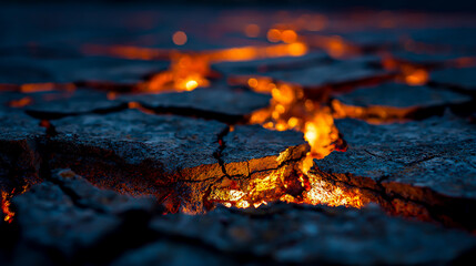 A cracked surface with an orange glow under the cracks, creating a dramatic contrast against a dark background