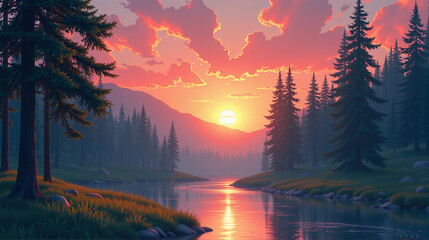 Sunset Over Forest River with Pine Trees and Mountains