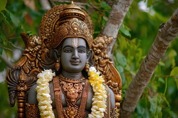 an elegant statue of Lord Murugan, wearing a Shawl and Dhoti with a beautiful yellow garland around the neck