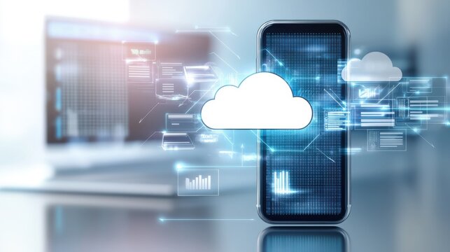A smartphone displaying cloud computing icons and symbols representing the of cloud based services and data storage capabilities in modern digital technology