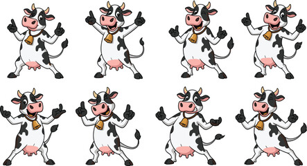 Funny cartoon cow characters, dancing happy cows, thumbs up cow illustrations, seamless animal pattern, comic farm animals, joyful bovine mascot, playful dairy cattle artwork