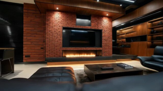 Modern Living Room with Brick Wall and Fireplace - A contemporary living room features a striking red brick wall housing a flat-screen TV and a modern linear fireplace.