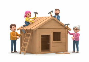 Cartoon characters building a wooden playhouse