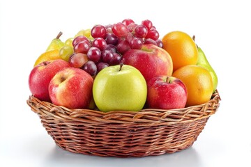 Wicker basket filled with apples oranges pears and grapes