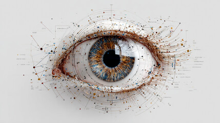 A digital eye with data points and lines, white background