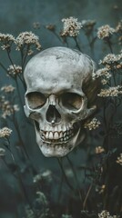 Human Skull Amongst Dried Flowers - Ethereal Still Life Photography