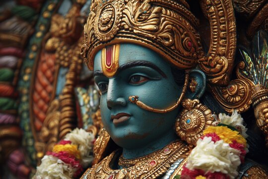 Close-up of the face of Lord Muruga, walking in a beautiful and colorful Hindu temple with golden decorations