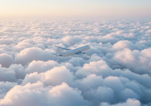 White Airplane Soaring Above a Field of Fluffy Clouds at Sunrise. Generative Ai